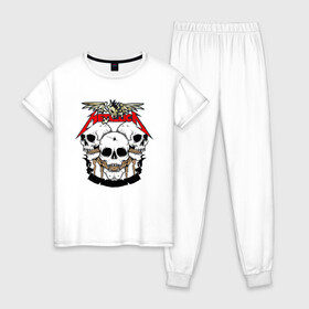 Женская пижама хлопок с принтом Metallica в Новосибирске, 100% хлопок | брюки и футболка прямого кроя, без карманов, на брюках мягкая резинка на поясе и по низу штанин | hard | metallica | rock | голова | группа | кости | крылья | металлика | музыка | надпись | рок | скелет | череп