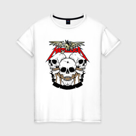 Женская футболка хлопок с принтом Metallica в Новосибирске, 100% хлопок | прямой крой, круглый вырез горловины, длина до линии бедер, слегка спущенное плечо | hard | metallica | rock | голова | группа | кости | крылья | металлика | музыка | надпись | рок | скелет | череп