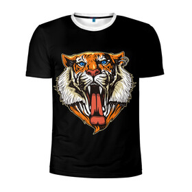 Мужская футболка 3D спортивная с принтом ТИГР Рык в Новосибирске, 100% полиэстер с улучшенными характеристиками | приталенный силуэт, круглая горловина, широкие плечи, сужается к линии бедра | animal | beast | cat | cute | fluffy | hunter | lion | lion cub | lion king | mane | predator | red | tail | tiger | yellow | большая кошка | голова тигра | грива | животное | зверь | король лев | кот | милый | охотник | пушистый | тигр | тиг