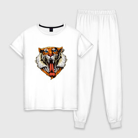 Женская пижама хлопок с принтом Tiger Face в Новосибирске, 100% хлопок | брюки и футболка прямого кроя, без карманов, на брюках мягкая резинка на поясе и по низу штанин | animal | beast | cat | cute | fluffy | hunter | lion | lion cub | lion king | mane | predator | red | tail | tiger | yellow | большая кошка | голова тигра | грива | животное | зверь | король лев | кот | милый | охотник | пушистый | тигр | тиг