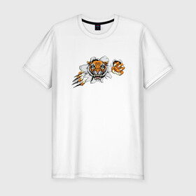 Мужская футболка хлопок Slim с принтом Бросок ТИГРА в Новосибирске, 92% хлопок, 8% лайкра | приталенный силуэт, круглый вырез ворота, длина до линии бедра, короткий рукав | animal | beast | cat | cute | fluffy | hunter | lion | lion cub | lion king | mane | predator | red | tail | tiger | yellow | большая кошка | голова тигра | грива | животное | зверь | король лев | кот | милый | охотник | пушистый | тигр | тиг