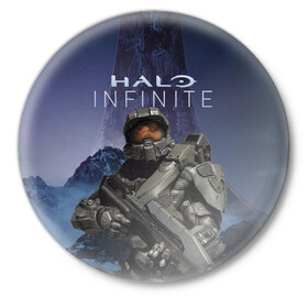 Значок с принтом Halo Infinite в Новосибирске,  металл | круглая форма, металлическая застежка в виде булавки | 343 industries | мастер чиф | мъёльнир | ореол | спартанец