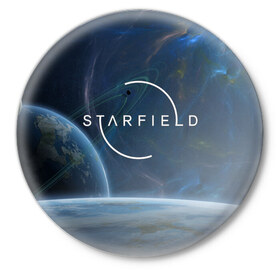 Значок с принтом Starfield в Новосибирске,  металл | круглая форма, металлическая застежка в виде булавки | bethesda game studios | bethesda softworks | звездное | космос | планеты