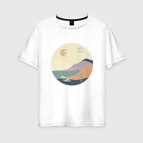 Женская футболка хлопок Oversize с принтом Японский минимализм в Новосибирске, 100% хлопок | свободный крой, круглый ворот, спущенный рукав, длина до линии бедер
 | азиатский | арт | минимализм | пейзаж | природа | рисунок | хипстер | японский