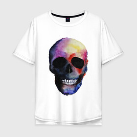 Мужская футболка хлопок Oversize с принтом Акварельный череп в Новосибирске, 100% хлопок | свободный крой, круглый ворот, “спинка” длиннее передней части | Тематика изображения на принте: акварельный череп | анархия | скелет | череп