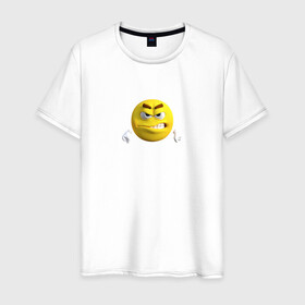 Мужская футболка хлопок с принтом Злой постироничный смайл в Новосибирске, 100% хлопок | прямой крой, круглый вырез горловины, длина до линии бедер, слегка спущенное плечо. | mem | мем | постирония | смайлик в очках | эмодзи | юмор