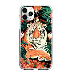 Чехол для iPhone 11 Pro матовый с принтом Огненный Тигр в Цветах в Новосибирске, Силикон |  | black | cat | chill | relax | tiger | животные | коралловый | кот | кошки | лев | леопарды | огонь | отдых | паттерн | полосатый | полосы | растения | тигры | узор | цветы