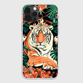 Чехол для iPhone 12 Pro Max с принтом Огненный Тигр в Цветах в Новосибирске, Силикон |  | black | cat | chill | relax | tiger | животные | коралловый | кот | кошки | лев | леопарды | огонь | отдых | паттерн | полосатый | полосы | растения | тигры | узор | цветы