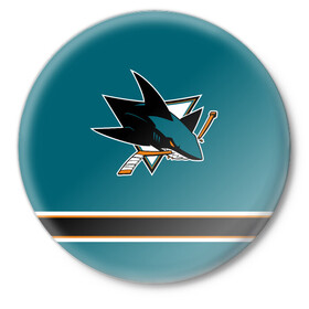 Значок с принтом Сан-Хосе Шаркс (Форма1) в Новосибирске,  металл | круглая форма, металлическая застежка в виде булавки | акула | нхл | сан хосе шаркс | хоккей | шаркс форма