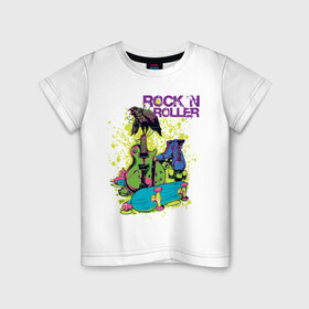 Детская футболка хлопок с принтом Rock n Rol в Новосибирске, 100% хлопок | круглый вырез горловины, полуприлегающий силуэт, длина до линии бедер | and | animal | music | rock | roll | skeitbord | арт | брызги | ворон | гитара | коньки | крыски | музыка | надпись | птица | рок | рок н ролл | рокенрольщик | ролл | скей | скейтборд | сломанная | эн