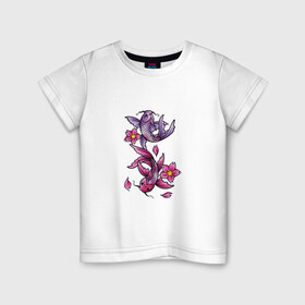 Детская футболка хлопок с принтом Рыбы цветы весна в Новосибирске, 100% хлопок | круглый вырез горловины, полуприлегающий силуэт, длина до линии бедер | весна | двое | нереальное сочетание | пара | подводный мир | рисунок | рыбки | рыбы | узор | фиолетовый | цветы