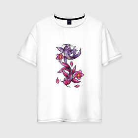 Женская футболка хлопок Oversize с принтом Рыбы цветы весна в Новосибирске, 100% хлопок | свободный крой, круглый ворот, спущенный рукав, длина до линии бедер
 | весна | двое | нереальное сочетание | пара | подводный мир | рисунок | рыбки | рыбы | узор | фиолетовый | цветы
