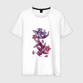 Мужская футболка хлопок с принтом Рыбы цветы весна в Новосибирске, 100% хлопок | прямой крой, круглый вырез горловины, длина до линии бедер, слегка спущенное плечо. | весна | двое | нереальное сочетание | пара | подводный мир | рисунок | рыбки | рыбы | узор | фиолетовый | цветы