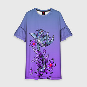 Детское платье 3D с принтом Рыбы и цветы в Новосибирске, 100% полиэстер | прямой силуэт, чуть расширенный к низу. Круглая горловина, на рукавах — воланы | весна | градиент | двое | нереальное сочетание | пара | подводный мир | рыбки | рыбы | узор | фиолетовый | цветы