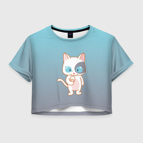 Женская футболка Crop-top 3D с принтом кот с мороженкой в Новосибирске, 100% полиэстер | круглая горловина, длина футболки до линии талии, рукава с отворотами | Тематика изображения на принте: голубые глаза | кот | котенок | котик | кошак | мороженка | мороженко | мороженое | прямоходячий | рисунок | рожок