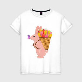 Женская футболка хлопок с принтом Весенний кролик с цветами в Новосибирске, 100% хлопок | прямой крой, круглый вырез горловины, длина до линии бедер, слегка спущенное плечо | бабочка | зайчик | кролик | тюльпаны | цветы