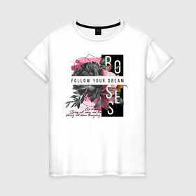 Женская футболка хлопок с принтом Roses в Новосибирске, 100% хлопок | прямой крой, круглый вырез горловины, длина до линии бедер, слегка спущенное плечо | 8 марта | girl | woman | бабушка | весна | девушкам | девушке | девушки | женский | листья | мама | март | подарок | розы | тренд | цветочки | цветы