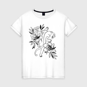 Женская футболка хлопок с принтом кошка с цветами тату  в Новосибирске, 100% хлопок | прямой крой, круглый вырез горловины, длина до линии бедер, слегка спущенное плечо | tatoo | азия | ботаника | луна | скульптура | тату | тренд | цветок | цветы