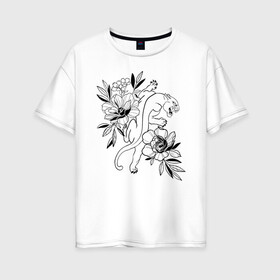 Женская футболка хлопок Oversize с принтом кошка с цветами тату  в Новосибирске, 100% хлопок | свободный крой, круглый ворот, спущенный рукав, длина до линии бедер
 | tatoo | азия | ботаника | луна | скульптура | тату | тренд | цветок | цветы