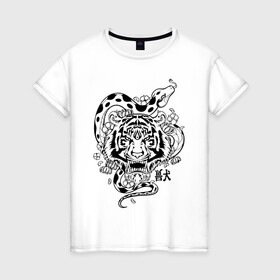 Женская футболка хлопок с принтом тигр и змея  в Новосибирске, 100% хлопок | прямой крой, круглый вырез горловины, длина до линии бедер, слегка спущенное плечо | tatoo | ботаника | змея | иероглифы | тату | тигр | тренд | цветок