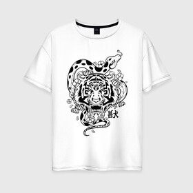 Женская футболка хлопок Oversize с принтом тигр и змея  в Новосибирске, 100% хлопок | свободный крой, круглый ворот, спущенный рукав, длина до линии бедер
 | tatoo | ботаника | змея | иероглифы | тату | тигр | тренд | цветок