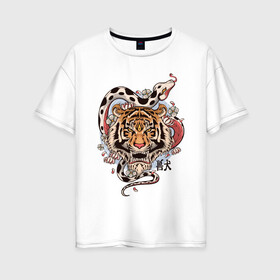 Женская футболка хлопок Oversize с принтом тигр  со змеей  в Новосибирске, 100% хлопок | свободный крой, круглый ворот, спущенный рукав, длина до линии бедер
 | tatoo | ботаника | змея | иероглифы | тату | тигр | тренд | цветок