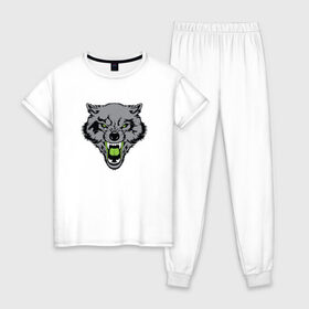 Женская пижама хлопок с принтом ВОЛК оскал в Новосибирске, 100% хлопок | брюки и футболка прямого кроя, без карманов, на брюках мягкая резинка на поясе и по низу штанин | animal | beast | cat | cute | fluffy | hunter | lion | lion cub | lion king | mane | predator | red | tail | wolf | yellow | волк | волки | волчок | волчонок | вольф | голова тигра | животное | зверь | кот | милый | охотник | серый волк | хво