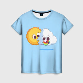 Женская футболка 3D с принтом Ребёнок солнца и дождя в Новосибирске, 100% полиэфир ( синтетическое хлопкоподобное полотно) | прямой крой, круглый вырез горловины, длина до линии бедер | детские рисунки | дождь | облако | погода | радуга | ребёнок солнца и дождя | родители | синий фон | солнце