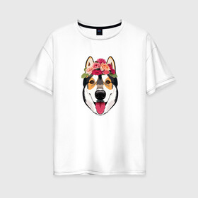 Женская футболка хлопок Oversize с принтом Овчарка в Новосибирске, 100% хлопок | свободный крой, круглый ворот, спущенный рукав, длина до линии бедер
 | весна | для девочек. | добрый | домашние | животные | лапы | мода 2021 | нос | пес | улыбка | хвост | цветы