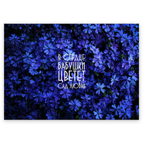 Поздравительная открытка с принтом В сердце бабушки цветет сад в Новосибирске, 100% бумага | плотность бумаги 280 г/м2, матовая, на обратной стороне линовка и место для марки
 | агапантусы | бабушке | бабушки | барвинки | в сердце | васильки | гиацинты | гортензия | лен | любви | незабудки | сад | синие | синий | цветет | цветы