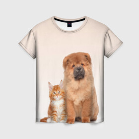 Женская футболка 3D с принтом щенок и котенок друзья в Новосибирске, 100% полиэфир ( синтетическое хлопкоподобное полотно) | прямой крой, круглый вырез горловины, длина до линии бедер | ветеринару | друзья | животные домашние | кот | котенок | любителю собак | млекопитающее | мультипликационный персонаж | мультяшная собака | мэй кун | песики | питомцы | псы | собакены | собаки