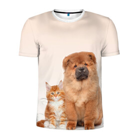 Мужская футболка 3D спортивная с принтом щенок и котенок друзья в Новосибирске, 100% полиэстер с улучшенными характеристиками | приталенный силуэт, круглая горловина, широкие плечи, сужается к линии бедра | ветеринару | друзья | животные домашние | кот | котенок | любителю собак | млекопитающее | мультипликационный персонаж | мультяшная собака | мэй кун | песики | питомцы | псы | собакены | собаки