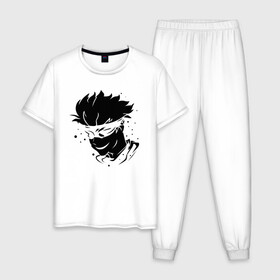 Мужская пижама хлопок с принтом JUJUTSU KAISEN граффити в Новосибирске, 100% хлопок | брюки и футболка прямого кроя, без карманов, на брюках мягкая резинка на поясе и по низу штанин
 | Тематика изображения на принте: anime | boy | gg | gojou | jujutsu | kaisen | kun | mag | satoru | superhero | аниме | белое | битва | гг | глаза | глазах | годзё | капли | краски | кун | лицо | маг | магическая | на | персонаж | персонажа | повязка | сатору