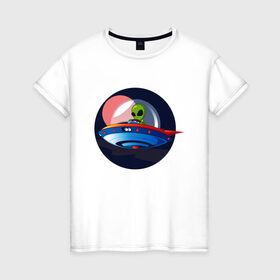 Женская футболка хлопок с принтом Инопланетянин пришелец в Новосибирске, 100% хлопок | прямой крой, круглый вырез горловины, длина до линии бедер, слегка спущенное плечо | инопланетянин | летающая тарелка | нло | пришелец