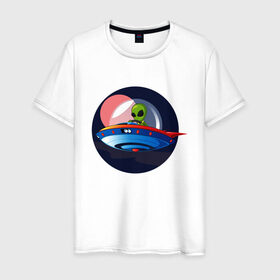 Мужская футболка хлопок с принтом Инопланетянин пришелец в Новосибирске, 100% хлопок | прямой крой, круглый вырез горловины, длина до линии бедер, слегка спущенное плечо. | инопланетянин | летающая тарелка | нло | пришелец