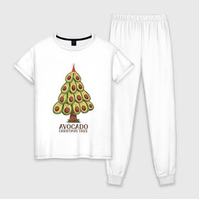 Женская пижама хлопок с принтом Avocado Christmas Tree в Новосибирске, 100% хлопок | брюки и футболка прямого кроя, без карманов, на брюках мягкая резинка на поясе и по низу штанин | claus | cute | nature | new year | santa | tree | авокадо | адвокадо | дед мороз | дед отмороз | ёлка | ель | из авокадо | колпак | косточка | милота | милые авокадо | новый год | прикол | природа | рождественское дерево