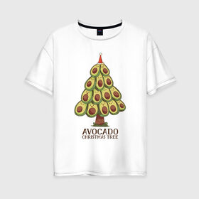 Женская футболка хлопок Oversize с принтом Avocado Christmas Tree в Новосибирске, 100% хлопок | свободный крой, круглый ворот, спущенный рукав, длина до линии бедер
 | Тематика изображения на принте: claus | cute | nature | new year | santa | tree | авокадо | адвокадо | дед мороз | дед отмороз | ёлка | ель | из авокадо | колпак | косточка | милота | милые авокадо | новый год | прикол | природа | рождественское дерево