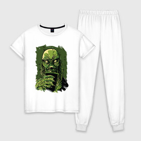 Женская пижама хлопок с принтом Болотный монстр с коктейлем в Новосибирске, 100% хлопок | брюки и футболка прямого кроя, без карманов, на брюках мягкая резинка на поясе и по низу штанин | Тематика изображения на принте: 666 | astral | beast | bloody | creep | evil dead | funny | halloween | horror merch | milk shake | milkshake | monster | pinhead | scream | swamp | terror noise | астрал | болото | герои ужаса | молочный коктейль | прикол | трубочка | ужасы | 