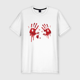 Мужская футболка хлопок Slim с принтом Кровавые отпечатки рук в Новосибирске, 92% хлопок, 8% лайкра | приталенный силуэт, круглый вырез ворота, длина до линии бедра, короткий рукав | Тематика изображения на принте: blood | bloody | creep | creepy | death | halloween | hand | hands | horror | kill | merch | murded | spooky | victim | жертва | капли | кровь | мерч | пятна | пятно | руки | след | следы | ужас | ужасы | ужасы мерч | хорро