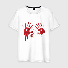 Мужская футболка хлопок с принтом Кровавые отпечатки рук в Новосибирске, 100% хлопок | прямой крой, круглый вырез горловины, длина до линии бедер, слегка спущенное плечо. | blood | bloody | creep | creepy | death | halloween | hand | hands | horror | kill | merch | murded | spooky | victim | жертва | капли | кровь | мерч | пятна | пятно | руки | след | следы | ужас | ужасы | ужасы мерч | хорро