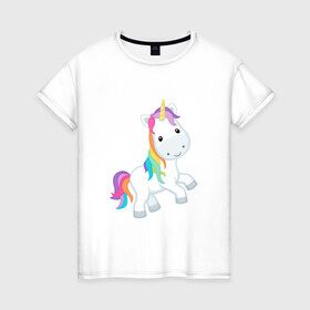 Женская футболка хлопок с принтом лошадка единорог радужный  в Новосибирске, 100% хлопок | прямой крой, круглый вырез горловины, длина до линии бедер, слегка спущенное плечо | грива | детский | добрый | единорог | конь | лошадка | лошадь | пони | радуга | радужный | рисунок | хвост