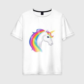 Женская футболка хлопок Oversize с принтом голова радужного единорога в Новосибирске, 100% хлопок | свободный крой, круглый ворот, спущенный рукав, длина до линии бедер
 | бюст | голова | грива | детский | добрый | единорог | конь | лошадка | лошадь | пони | радуга | радужный | рисунок