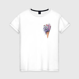 Женская футболка хлопок с принтом Цветочное мороженое в Новосибирске, 100% хлопок | прямой крой, круглый вырез горловины, длина до линии бедер, слегка спущенное плечо | Тематика изображения на принте: flo | flowers | растения | флористика | цветение | цветы