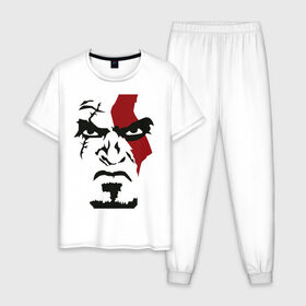 Мужская пижама хлопок с принтом Кратос - Бог войны - Kratos в Новосибирске, 100% хлопок | брюки и футболка прямого кроя, без карманов, на брюках мягкая резинка на поясе и по низу штанин
 | game | god of war | kratos | бог войны | злость | игра | контуры | кратос | лицо