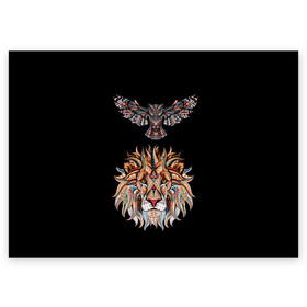 Поздравительная открытка с принтом Лев и Сова в Новосибирске, 100% бумага | плотность бумаги 280 г/м2, матовая, на обратной стороне линовка и место для марки
 | Тематика изображения на принте: animal | beast | cat | cute | fluffy | hunter | lion | lion cub | lion king | mane | predator | red | tail | tiger | yellow | большая кошка | голова тигра | грива | животное | зверь | король лев | кот | милый | охотник | пушистый | тигр | тиг