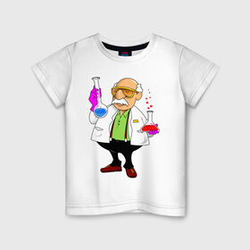 Детская футболка хлопок с принтом Ученый химик колбы в Новосибирске, 100% хлопок | круглый вырез горловины, полуприлегающий силуэт, длина до линии бедер | биолог | дедуля | дедушка | колбы | лаборант | очки | перчатки | профессор | умник | ученый | халат | химик
