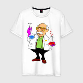 Мужская футболка хлопок с принтом Ученый химик колбы в Новосибирске, 100% хлопок | прямой крой, круглый вырез горловины, длина до линии бедер, слегка спущенное плечо. | биолог | дедуля | дедушка | колбы | лаборант | очки | перчатки | профессор | умник | ученый | халат | химик