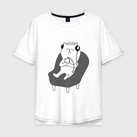 Мужская футболка хлопок Oversize с принтом кот в наушниках в Новосибирске, 100% хлопок | свободный крой, круглый ворот, “спинка” длиннее передней части | кот | котики | коты | кошка | музыка | наушники | телефон