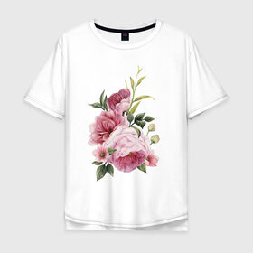 Мужская футболка хлопок Oversize с принтом Акварельные розы в Новосибирске, 100% хлопок | свободный крой, круглый ворот, “спинка” длиннее передней части | акварель | ботаника | весна | женственность | иллюстрация | нежность | рисунок | розы | цветы