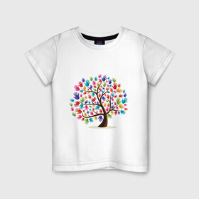 Детская футболка хлопок с принтом Дерево листья ладошка в Новосибирске, 100% хлопок | круглый вырез горловины, полуприлегающий силуэт, длина до линии бедер | дерево | детский | ладошки | листья | мир | отпечатки | природа | рисунок | руки | символ